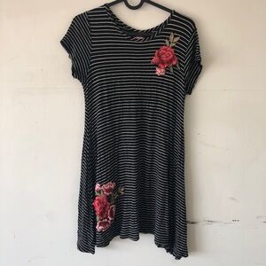 Vintage Discreet Striped Stretchy Short Sleeve Mini Dress Rose Embroidery Medium